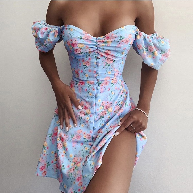 2023 European and American women's clothing Amazon French floral temperament bubble sleeve fashion waist blue bra dress